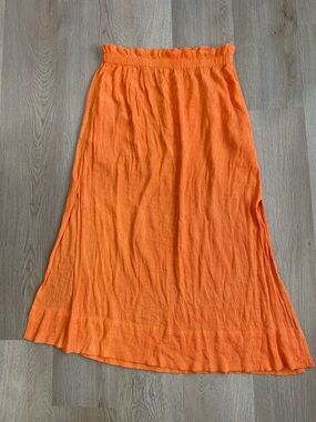 Everlane Orange Flowy Midi Skirt Lightweight Crinkle Elastic Waist Size L